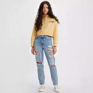 Levi's High Waist Tapered MOM Jeans Tapered 100% Cotton Blue Denim Destroyed Rip